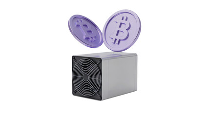Digital currency mining hardware generating virtual wealth with prominent Bitcoin symbols floating above