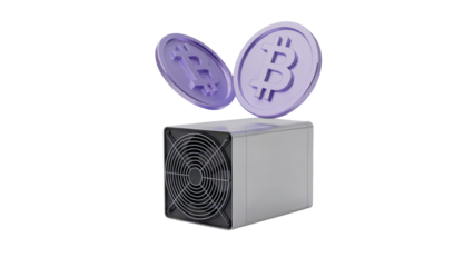 Digital currency mining hardware generating virtual wealth with prominent Bitcoin symbols floating above