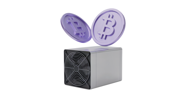 Digital currency mining hardware generating virtual wealth with prominent Bitcoin symbols floating above