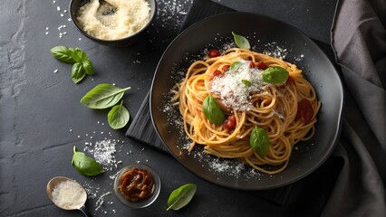 Delicious spaghetti bolognese topped with fresh basil and grated parmesan cheese served on a dark plate