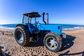 Beach Boat Launching Tractor Trailer Blue Ocean