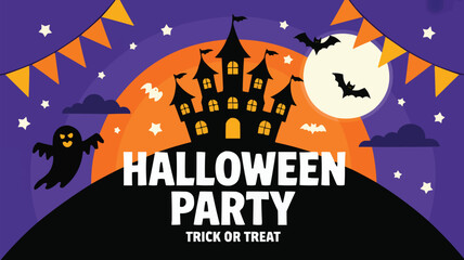 Cartoon Halloween Party Invitation with Haunted House, Bats, Ghost and Moon, Trick or Treat