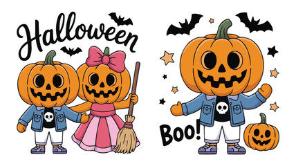 Cartoon Halloween Pumpkin Characters with Bats and Stars, Cute Festive Celebration Illustrations