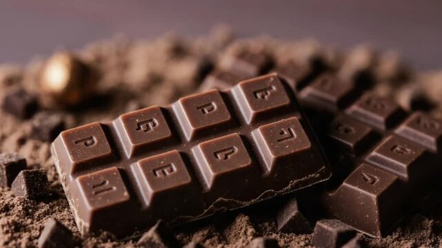 Delectable dark chocolate bar with embossed letters on a bed of cocoa powder