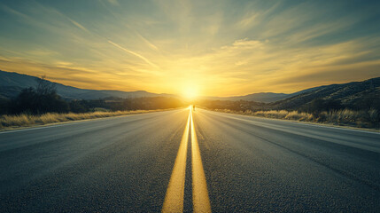 Breathtaking road leading into a colorful sunset with vibrant hues of orange and purple in the sky