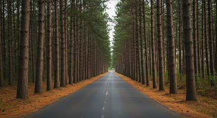 Obraz premium Asphalt road lined with tall, slender trees creates a tunnel-like effect, leading to a hazy horizon, with soft diffused light