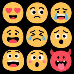 Collection of diverse emoji expressions showing various human emotions and reactions in yellow and red