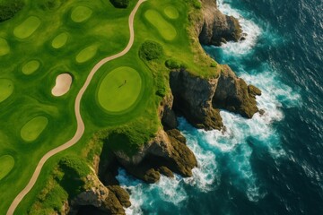 Panoramic aerial shot showcasing a pristine championship golf course perched on majestic sea cliffs, with vibrant green fairways contrasting against the deep blue ocean waves