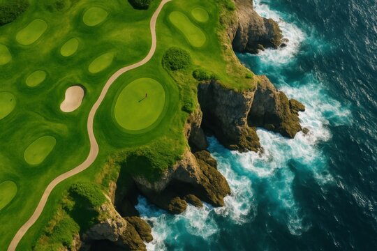 Panoramic aerial shot showcasing a pristine championship golf course perched on majestic sea cliffs, with vibrant green fairways contrasting against the deep blue ocean waves