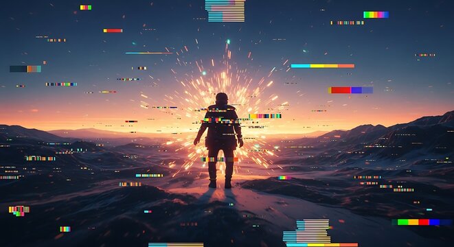 Digital Frontier: A Lone Figure Contemplates the Dawn of the Technological Landscape