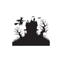 Spooky Halloween Silhouette of Witch Flying Over Haunted House.A captivating black silhouette of a witch flying on a broom over a haunted house nestled on a hill, surrounded by spooky trees.