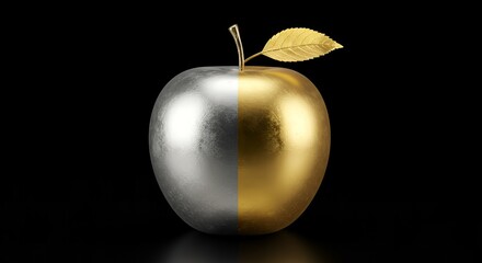 This metallic apple, half silver and half gold with a golden leaf, evokes a sense of preciousness and duality. Explore the various interpretations of this object. Does it represent wealth, wisdom, 