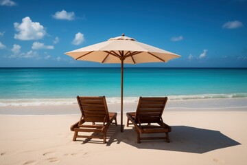 Fototapeta premium Serene Beach Scene with Loungers and Umbrella Perfect Day for Relaxation and Sunbathing