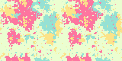 Abstract pastel pixelated camouflage pattern.  Ideal for fashion, textile design, or vibrant digital backgrounds.  The soft, playful colors create a unique and trendy aesthetic.