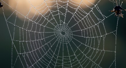 Obraz premium Dew-Kissed Spiderweb with Insects, Intricate Nature Detail