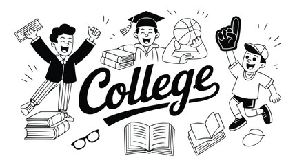 College Life Doodle Art Featuring Students, Books, Graduation, Sports, and Academic Pursuits