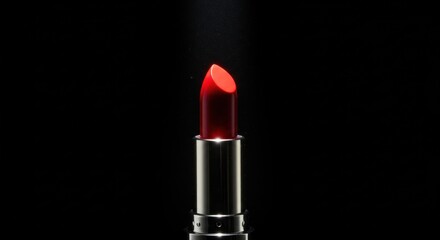 Close-up of a vibrant red lipstick against a black background.