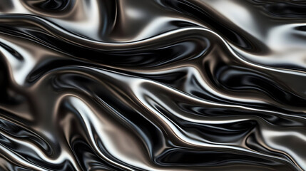 Abstract drapery of dark metallic fabric with flowing waves and glossy sheen.  Detailed ripples and folds create a luxurious texture