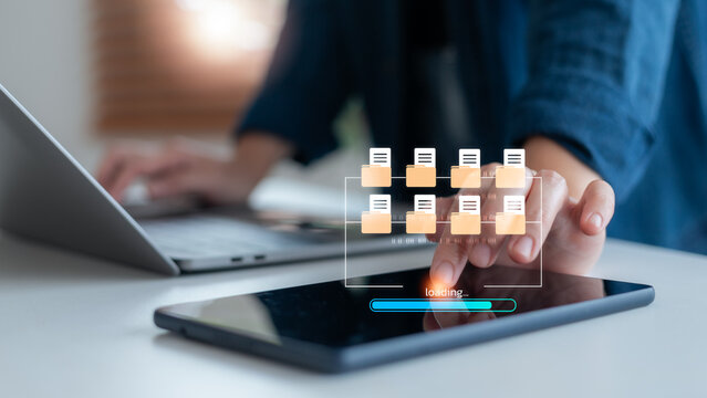Close-up of a woman hand using digital file folder system on touchscreen smartphone for cloud data storage and file sharing, business technology concept. - Powered by Adobe