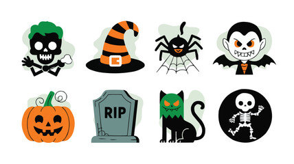 Colorful Halloween Cartoon Illustration Spider, Vampire, Pumpkin, Tombstone, Skeleton, Cat, Skull and Witch Hat