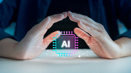 Hands covering an AI chip symbol with network lines, representing artificial intelligence protection, responsible AI development, ethical technology, and secure digital innovation.