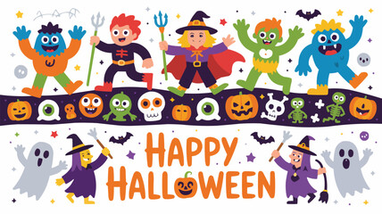 Colorful Happy Halloween Cartoon Illustration with Monsters, Witches, Ghosts, Pumpkins, and Party Elements