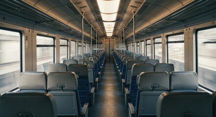 Interior view of empty train car with blue seats and blurred scenery passing by the windows