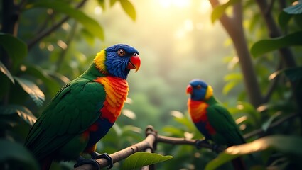 Naklejka premium Premium Jungle Canopy with Parrots and Dappled Sunlight