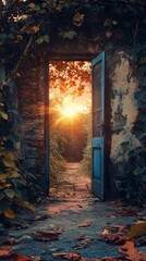 Open Doorway to Garden Path at Sunset with Leaves