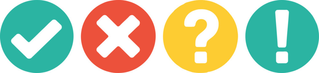 Fototapeta premium Approval Checkmark, Cross, Question, Exclamation Icons in Teal Red and Yellow Circles