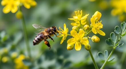 Captivating close-up of a honey bee gathering pollen from vibrant yellow flowers in nature