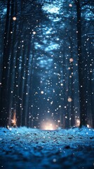 Snowfall in Winter Forest with Blue Hue and Light Streaks