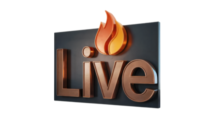 Dynamic LIVE wordmark with fiery flame logo and bronze metallic lettering on dark panel