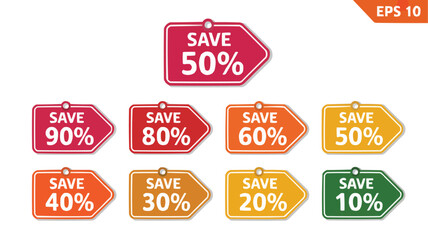 Colorful Sale Tags Discount Percentages from 10% to 90%, Perfect for Marketing Materials