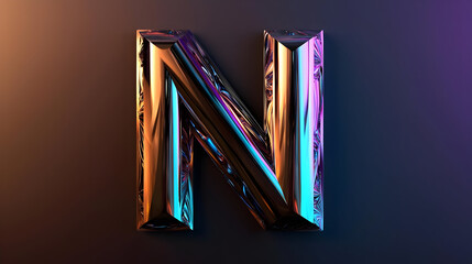 Bold, 3D rendered capital letter N with vibrant, multifaceted facets and iridescent colors, set against a dark, gradient background