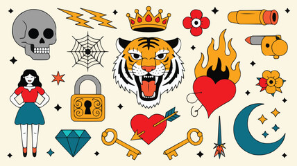 Colorful Tattoo Flash Sheet with Tiger, Skull, Heart, Crown, and Retro Style Elements