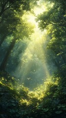Sunlight Streaming Through Lush Green Forest Canopy