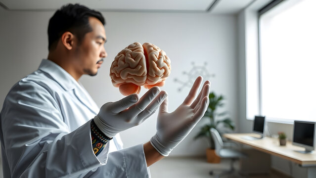 Scientist in Lab Coat Examines Floating Brain Model for Neuroscience Research