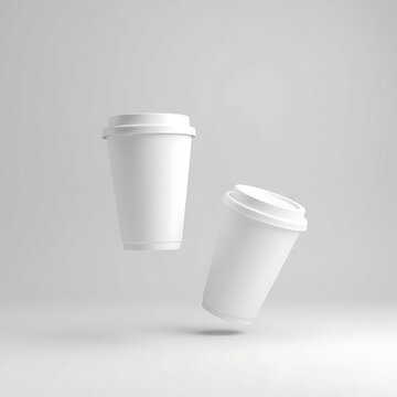 Floating White Paper Coffee Cups on Minimalist Light Background