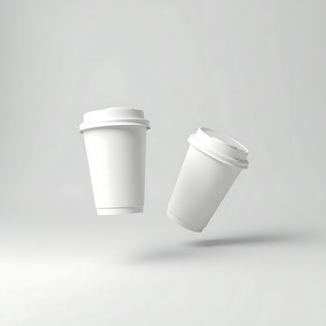 Minimalist White Paper Coffee Cups Floating on Light Background