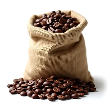 Rustic Burlap Sack Filled with Roasted Coffee Beans on White Background