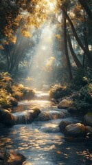 Tranquil Stream Flowing Through Forest with Sunlight Filtering Through Trees