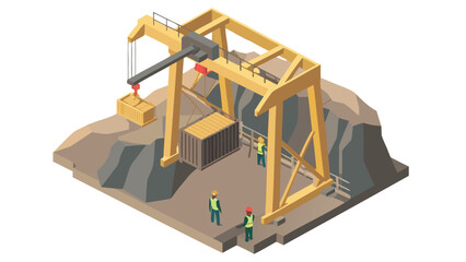 Isometric view of a gantry crane lifting a container with workers in a construction environment area