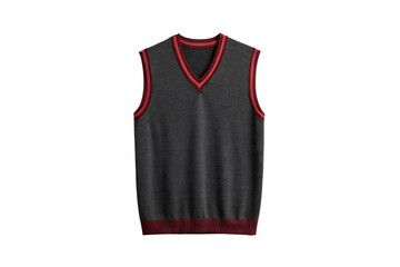 Dark gray knitted sleeveless v-neck sweater vest with red ribbed collar and hem accents, isolated on a transparent background