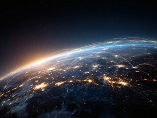 Obraz premium Breathtaking view of Earth from space at dawn, with city lights twinkling like diamonds against the dark sky, as the sun rises over the horizon.