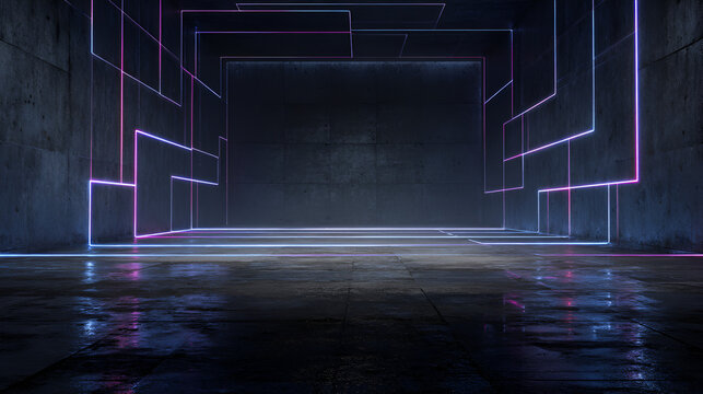 An abstract space features glowing geometric lines in shades of blue and magenta, reflecting on a dark, polished floor, creating a futuristic atmosphere.