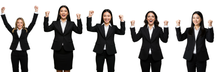 business woman, formal attire, black suit, smiling, celebrating, arms raised celebrating, transparent background