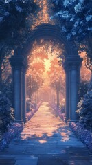 Walking on Stone Path Through a Garden Archway at Sunset