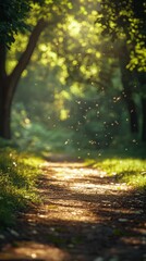 Walking Along Forest Path with Sunlight Streaming Through Trees