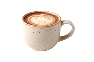 Beige speckled ceramic coffee cup with intricate white foam latte art, isolated on a transparent background